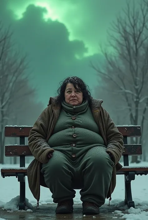 Fat woman with homeless clothes sitting on park bench with snow falling from her hair and green cloud behind her close up facing the camera 