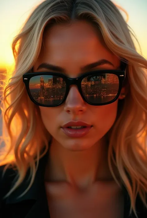 Woman with black glasses reflecting the city in the lenses at sunset woman face front ,blonde woman 