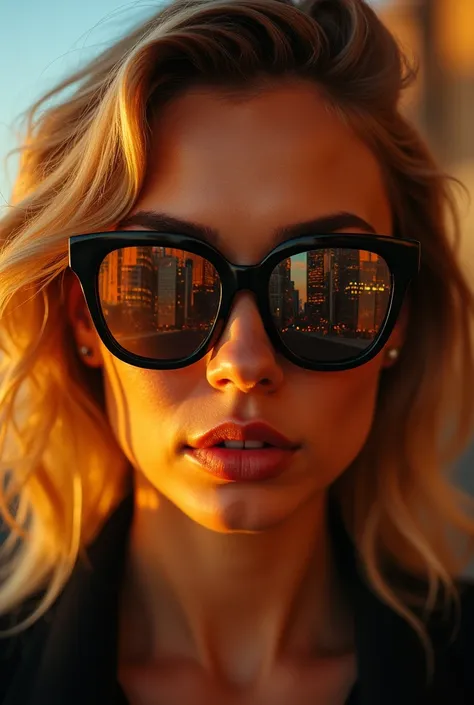 Woman with black glasses reflecting the city in the lenses at sunset woman face front ,blonde woman 