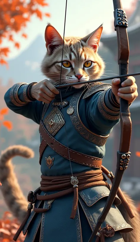 
"An anthropomorphic warrior cat dressed in intricate blue and silver armor, with ornate designs that hint at both strength and agility. The cat is in a dynamic archers pose, pulling back a finely crafted bow, with a keen focus on its target. Its fur is a ...