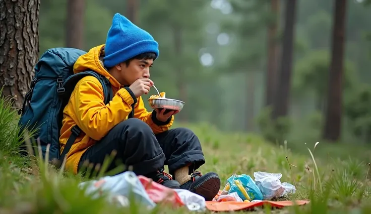   Realistic human. Photo, shot from sideway, Fika.   A young Indonesian hiker named Edo, short black hair,  tall, He is wearing a bright blue beanie, a vibrant yellow winter jacket, black hiking pants,  he is sitting and etaing from alumunium dish equipmen...