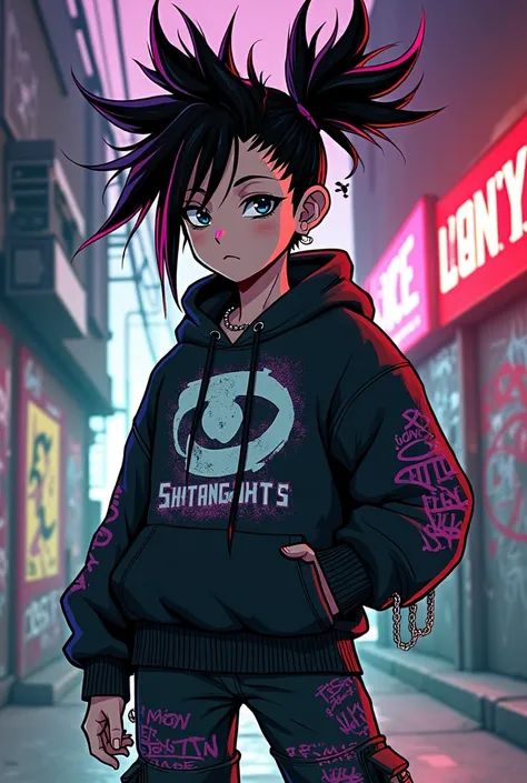   girl thirteen year old from a modern shonen anime, Unique bizarre  design, cool streetwear graffiti skatee rapper vibes modern outfit,  girl, jujutsu kaisen style 