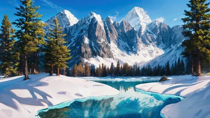 winter mountain landscape, beautiful mountain peaks reflect sunlight, in the gorge there is a transparent mountain lake covered with transparent turquoise ice, gorgeous spruce trees on the background, covered with snow, aesthetically pleasing, beautiful, r...