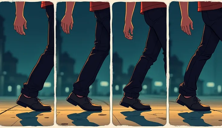 Pixar Disney drawing of four separate comics showing in each one, scenes of the sequence of movements that the legs and feet make when walking, facing forward, showing only the steps of a man, wearing black shoes, pants, walking at night