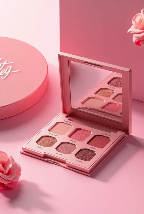 Make an image with an eyeshadow palette and a pink packaging with the name Secret Beauty 