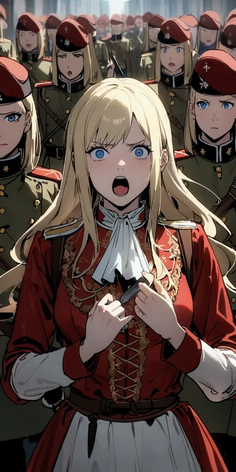 high resolution, Clear focus, Pixiv Masterpiece, ((Intricate details)), Very detailed, Denmark, 1 Girl, Blonde hair, (Fear, White hand knife, 手臂一只Block in front of chest,:1.1) Fear, Blue Eyes, Female Soldiers, Long hair, 18th century military uniform, 18th...