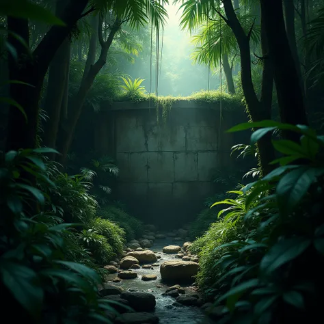 "Many realistic trees in a jungle, close-up of the leaves and tree trunks, stones, and a path. The upper part is filled with leaves, and the image is dark, drawn in a realistic style. In the center of the image, you can see an old, worn concrete background...