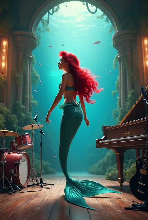 
draw the little mermaid in front of a recording studio, add things from the bottom of the sea and musical instruments
