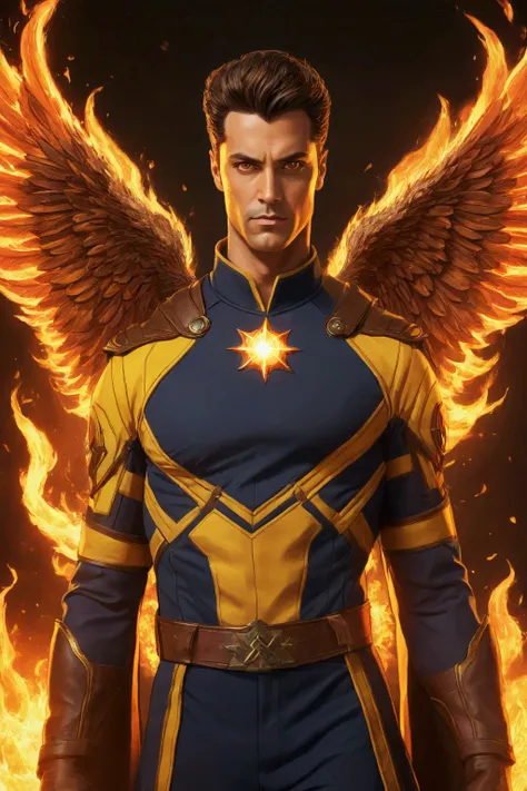 2d hq drawing of handsome man with brown eyes, wizard with fire powers and fire wings, in x-men uniform with big chest