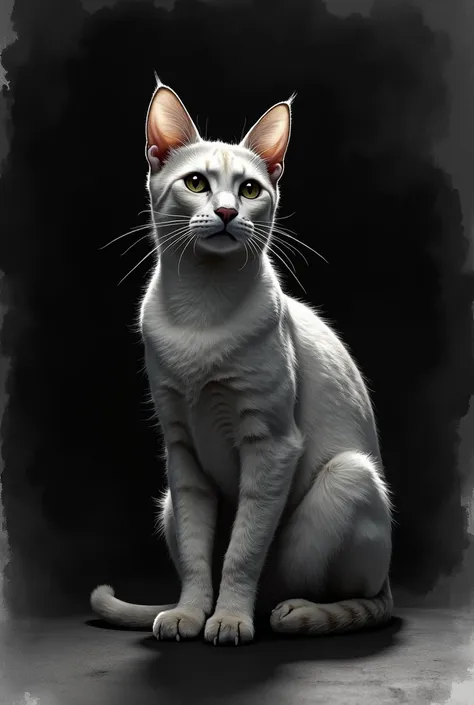 Create the image of a Cat using watercolor technique, With black background, rembrant type lighting, in grayscale, deep blacks, Shadow cuts and reserving whites