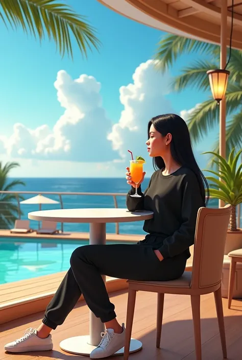 Girl in her 20’s, long black straight hair, wearing black sweatsuit with white sneakers, having piña colada at restaurant by pool at large cruise ship . Pixar cartoon 