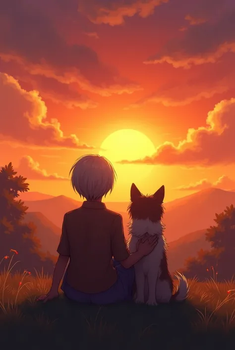 Image of a dog and its owner sitting together, watching the sunset