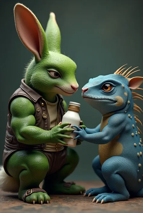 Stylish muscular green rabbit giving milk to a crying and sad blue iguana 