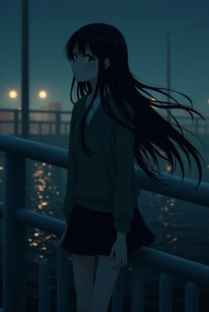 Anime school girl, long black hair, green eyes, looking into distance, melancholic and sad look, sitting on safety railings on a bridge at night with water below, best quality 