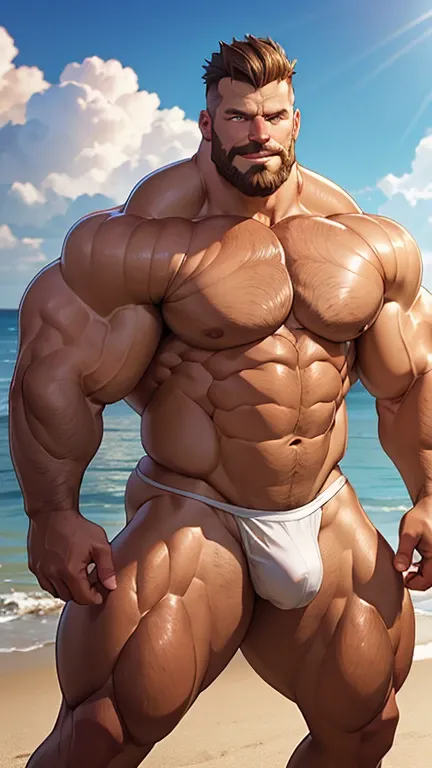 Seductive full body photograph, 25yo man, 1men, an English hyper huge muscular man in (a smaller shiny sporty white thong 3.0), He is standing holding from with slightly smiling, He stands on the beach. Right eye is blue, left eye is brown, (Hyper Slim Wai...