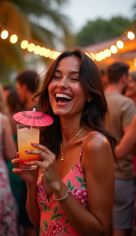 Capture a moment of a brunette woman wearing a bright, floral cocktail dress, laughing with friends as she holds a colorful drink adorned with a little umbrella. The warm evening air and the lively ambiance create a festive backdrop, enhancing her joy