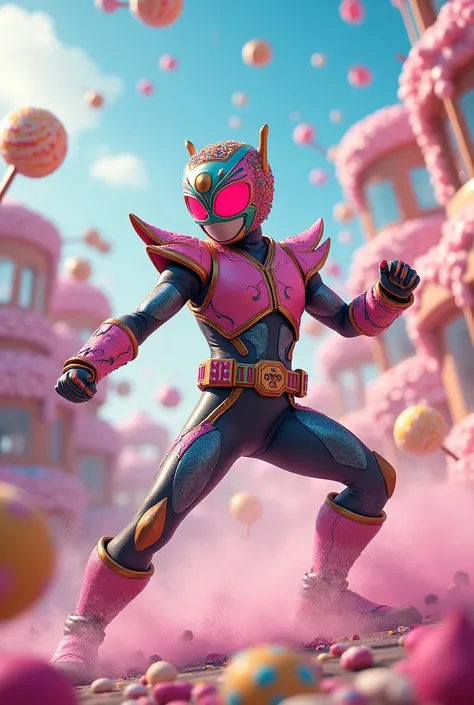 Draw a Kamen Rider who replies with the power of sweets