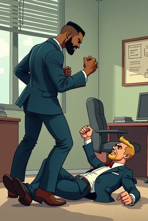 brown man, with shaved black hair and a thin beard and an athletic body, wearing a smart, well-tailored suit, standing with hands in fists nervously looking at a blond man, with a thin beard wearing a suit, is lying on the ground looking at the angry black...