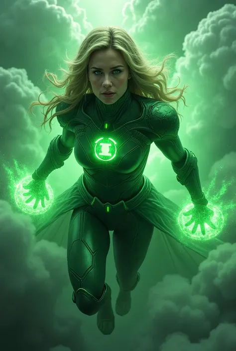 1girl, green lantern corps, floating in clouds, green energy aura,wear mechanical intricate engine armor, glowing green rings, detailed facial features, intricate costume design, cinematic lighting, vibrant colors, dramatic composition, cinematic angle, hy...