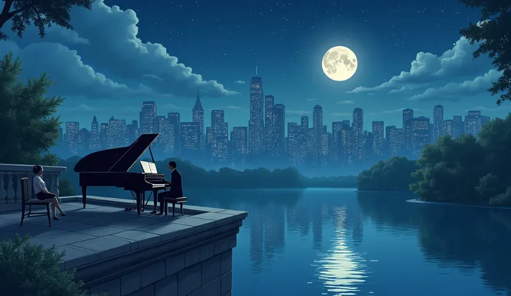 It has a stone border large enough to sit on.、Just some guys playing jazz on the edge of an empty roof（piano、guitar, etc,), New York night buildings、In comic style front view、Ghibli-style animation,A girl listens to calming music with headphones, sitting b...