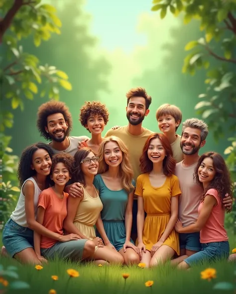 Make a picture of a group of happy people with green template