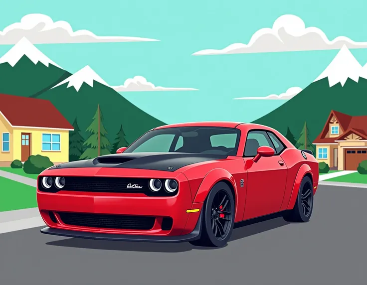 Genera por favor, una imagen estilo South Park en Full HD 4 K de un Dodge Challenger SRT Hellcat