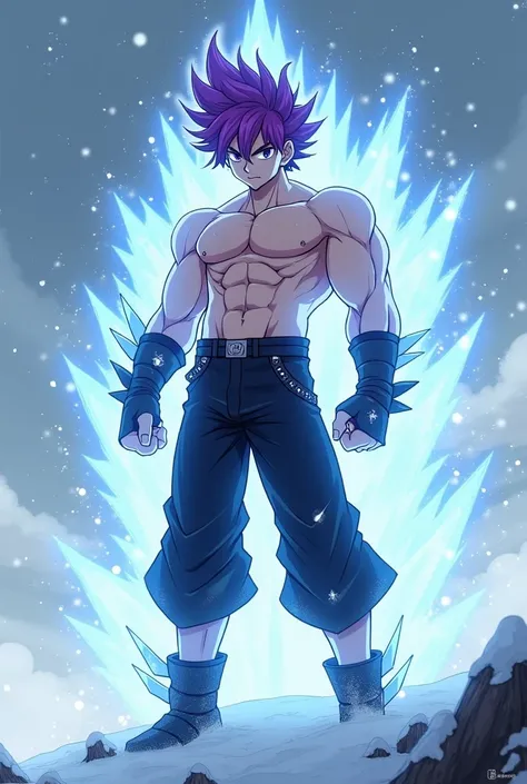 I am a very tall, fit, beautiful short purple hair, even more beautiful purple eyes, an anime teenager boy, with a scar on the left end of my lip, and wearing only black pants and black boots, standing in a fighting pose on a snowy hill while it is snowing...