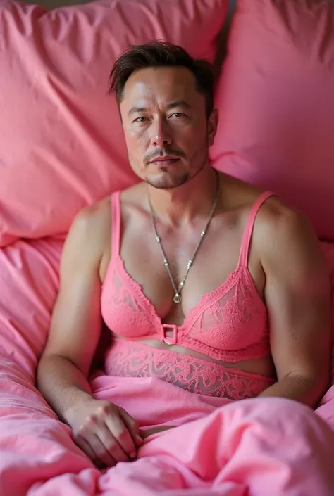 Elon musk wearing a pink bra sitting on a pink bed staring you in the eyes