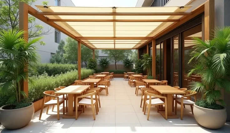 Design an outdoor seating area for a minimalist coffee shop. Use light wood for furniture, including simple, clean-lined tables and chairs. Incorporate planters with green plants for a refreshing feel. The flooring should be light stone or concrete, and th...