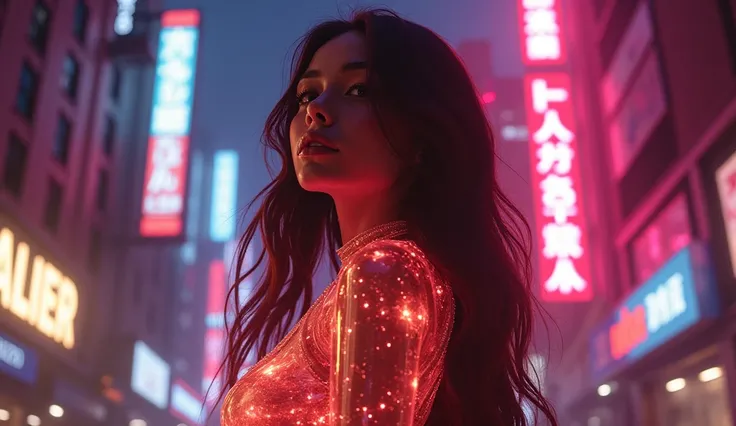 a vivid nanopunk painting, transparent, Lavish, low camera angle, upper body girl, Brown-haired long hair, dance, Malice art movement, (mutate transparent body:1.4), (transparent clothes like glass:1.4), illuminated from within with neon light, City backgr...