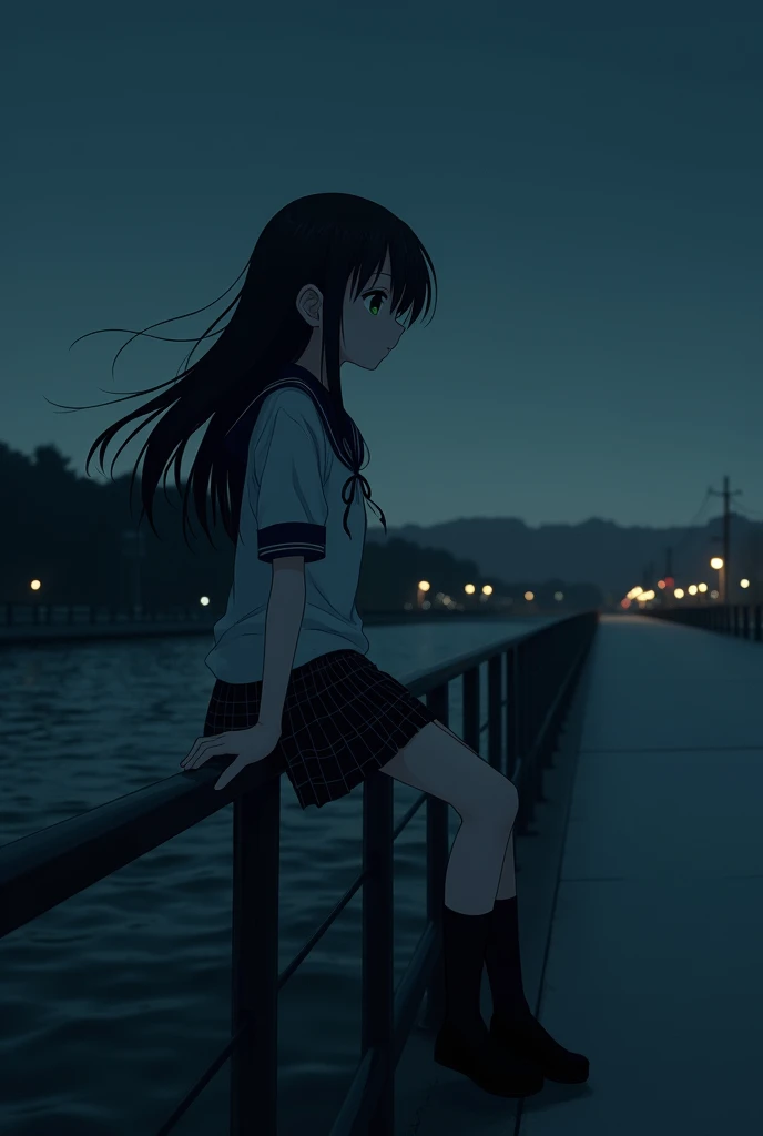 Anime school girl, long black hair, green eyes, looking into distance, melancholic and sad expression, sitting on safety railings on a bridge at night with water below, best quality 