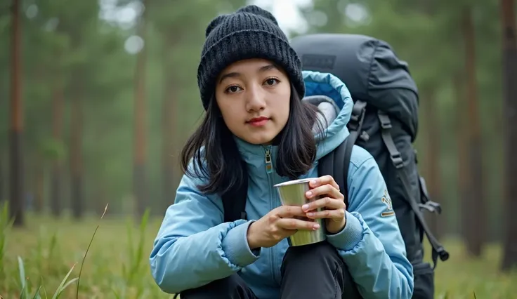   Realistic human. Photo, shot from front view. Dewi is A young, beautiful Indonesian woman with shoulder-length black hair, wearing a black beanie and a light blue winter jacket   she is sitting and drink from alumunium  glass, on the grass near the pine ...