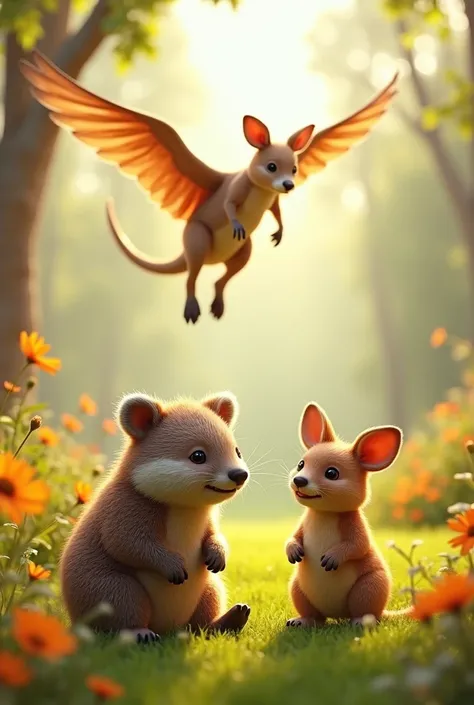 cute adorable wombat, happy quokka, flying kangaroo, fluffy animals, whimsical fantasy scene, lush green meadow, vibrant colors, warm lighting, detailed fur textures, photorealistic, highly detailed, 8k, masterpiece