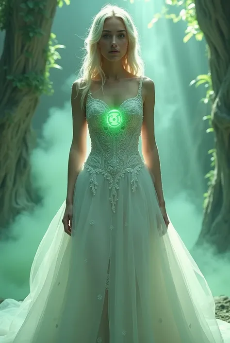 a beautiful blonde girl, princess of a kingdom, wearing a white princess dress with a green lantern symbol on her chest, detailed face, elegant posture, (best quality,4k,8k,highres,masterpiece:1.2),ultra-detailed,(realistic,photorealistic,photo-realistic:1...