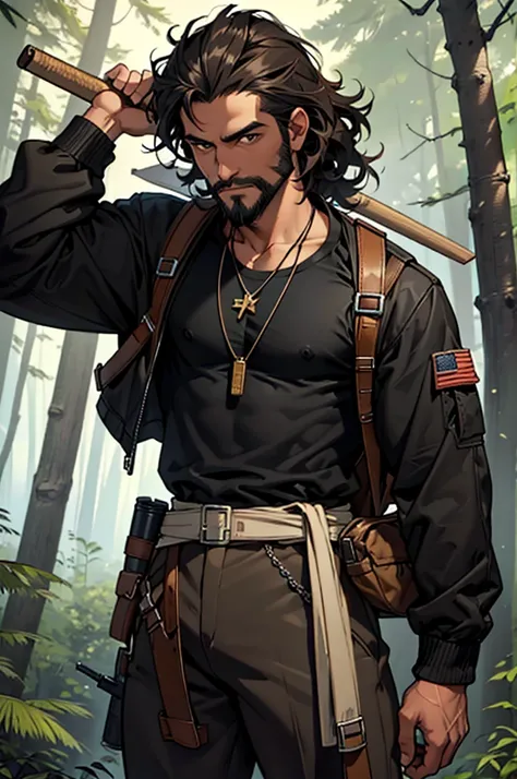 Male character approximately 30 years old, dark brown skin color, light brown eyes, black curly hair, and short black beard, athletic physics, a pair of brown mechanic pants, black t-shirt, and on top a brown aviator style jacket, a necklace with a wolf to...