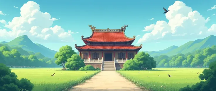 There is a red roof，There is a bird on it，The background is a field, beautiful peaceful wide stairs scene, Vietnam wide stairs landscapes, , a Vietnam temple background, beautiful anime scenery, anime scene,a Vietnam temple is the center of picture