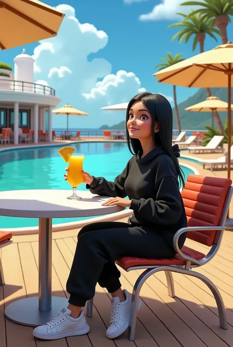 Girl in her 20’s, long black straight hair, wearing black sweatsuit with white sneakers, having piña colada at restaurant by pool at large cruise ship . Pixar cartoon 