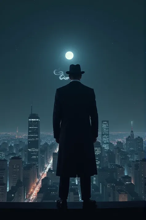 A man looking at the city at night from atop a building 