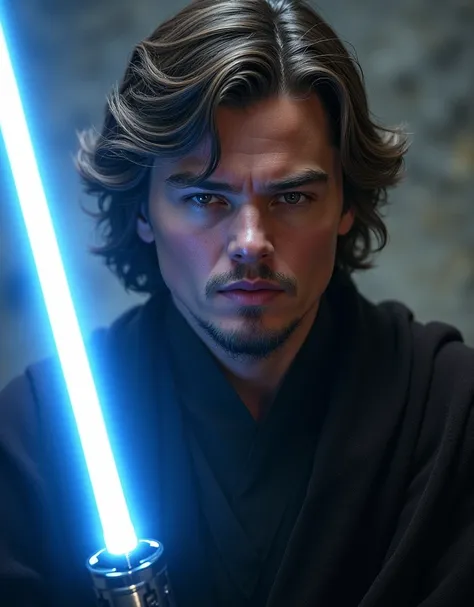 Leonardo DiCaprio as Anakin skywalker, blue lightsaber, jedi, hyper-detailed, intricate, perfect face, epic composition, cinematic, masterpiece