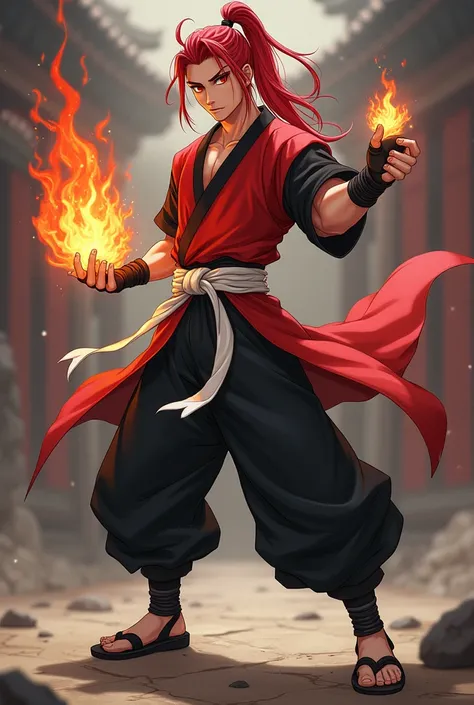 Full body image of mediaeval anime teenager with a martial arts body with long red hair tied in a ponytail. He has red eyes. He’s handsome, strong and eager to fight. Wears a red half sleeve vest over a black gii with white linings, paddings are wrapped ar...