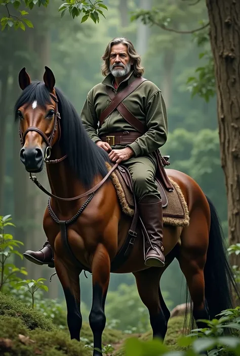 middleold man with brown hair sitting on a beautiful brown horse, the man is wearing green and brown clothes, the horse is wearing brown saddle and bride and has a long black mane, in the background is a forest