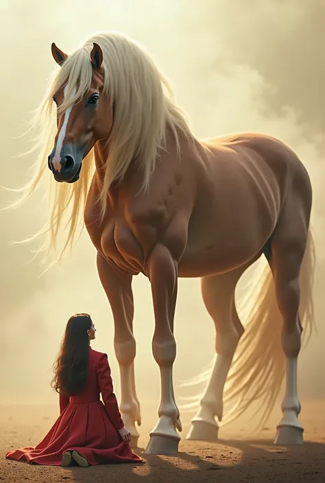 “A massive white and brown horse with a flowing mane, positioned in a misty, cloud-filled scene, gazing down at a woman kneeling in front of it. The woman, dressed in a red coat, kneels on the ground and looks up at the horse. The scene is illuminated by s...