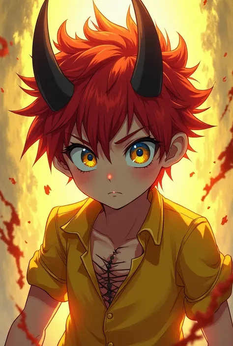 Anime boy  demon big eye blue and yellow  hair  red  colour dress  damage yellow  boys character 