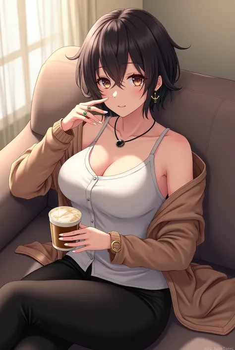 (Anime:1.2), beautiful woman, sitting on couch, wearing  sleeveless white shirt button and moca cardigan, black pants, black short wavy hair until ear, big breast, wear ear piercing, wear 2 rings and 2 bracelet and black necklace, holding americano coffee