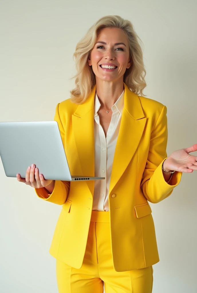 Yellow suit png professional women smiling and pointing out on left side with a laptop realistic image 