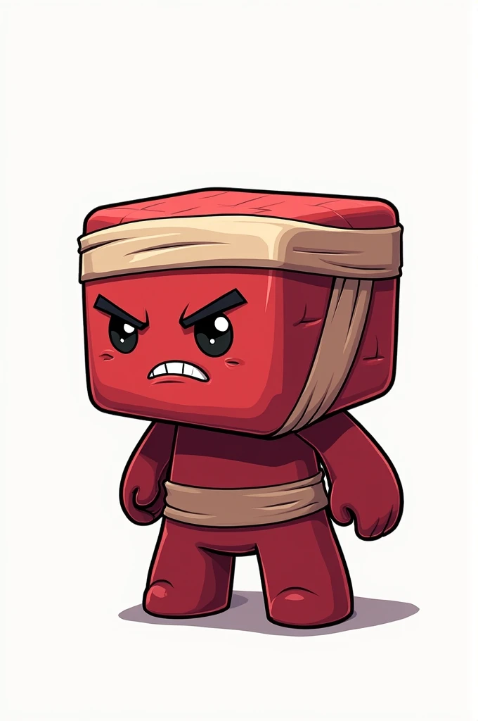 Create a Meat Boy image from Super Meat Boy, showing only from the shoulders up. Must have a mischievous and defiant expression, with its cubic shape and bandage details. The background should be completely white to highlight your figure and give a sense o...