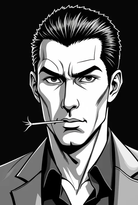 face of a man with slanted eyes and straight short hair holding a toothpick in his mouth in comic book form and completely black and white