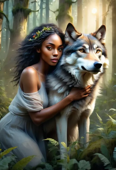 A beautiful Black woman, extremely detailed face and eyes, hugging a large, majestic wolf in a magical forest, (best quality,4k,8k,highres,masterpiece:1.2),ultra-detailed,(realistic,photorealistic,photo-realistic:1.37),fantasy,enchanted forest,detailed flo...