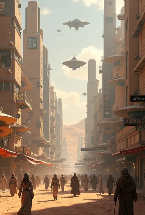 A space civilization, STARWARS, a city of a planet Tattooine, an atmosphere is dessert, once the vast desert now become a big city. theres several species walking in the city, skyscraper futuristic, a street consist with Restaurant, store, bank, recycle bi...