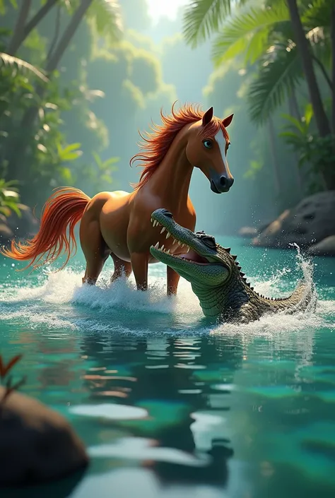 Horse + crocodile in water animation 